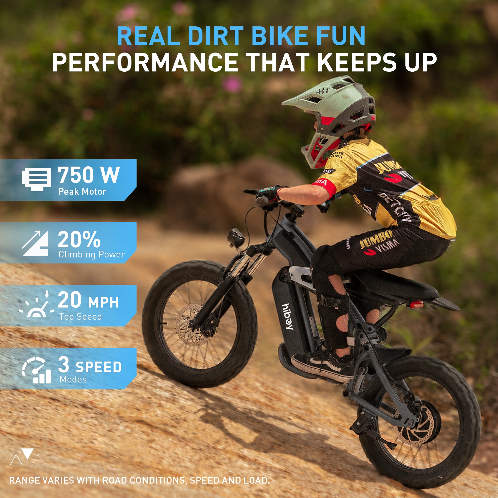 hiboy-dm14-moto-cross-lectrique-enfant-jaune-sentier image 2